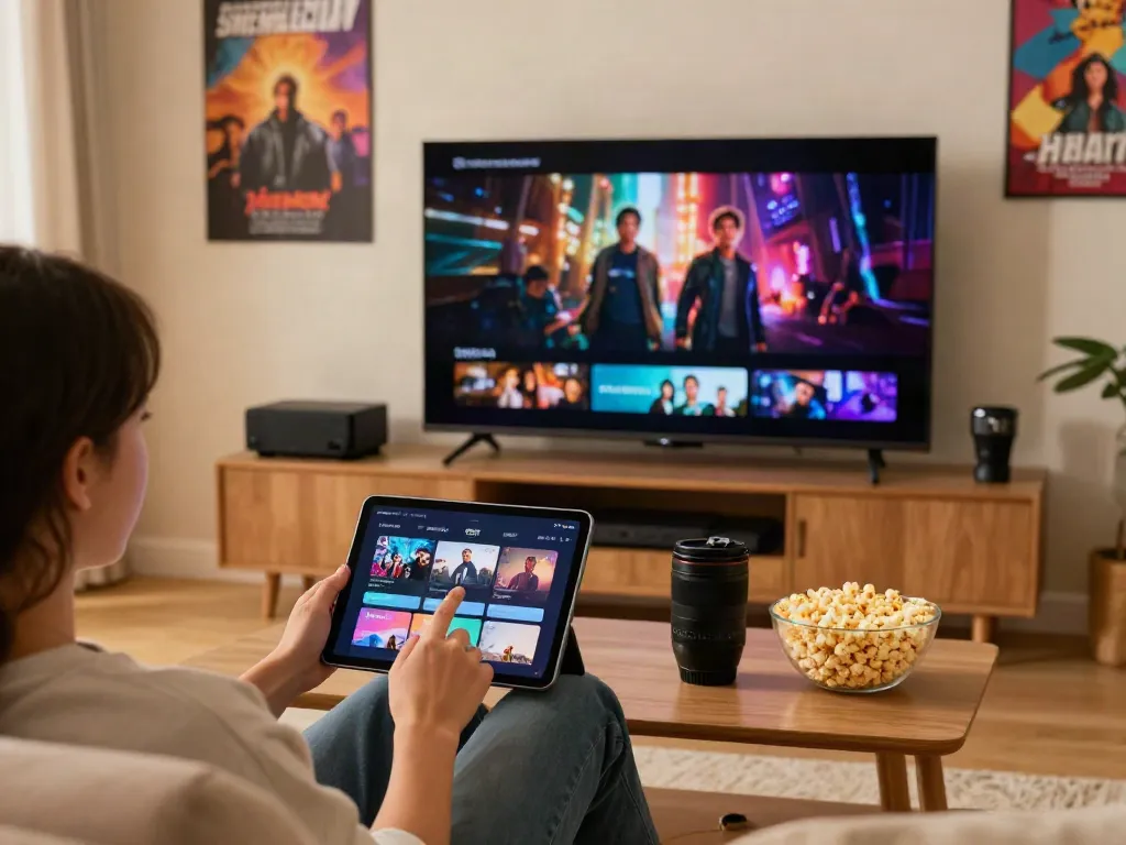 Engaging with Pikash apps for streaming movies in a cozy living room.