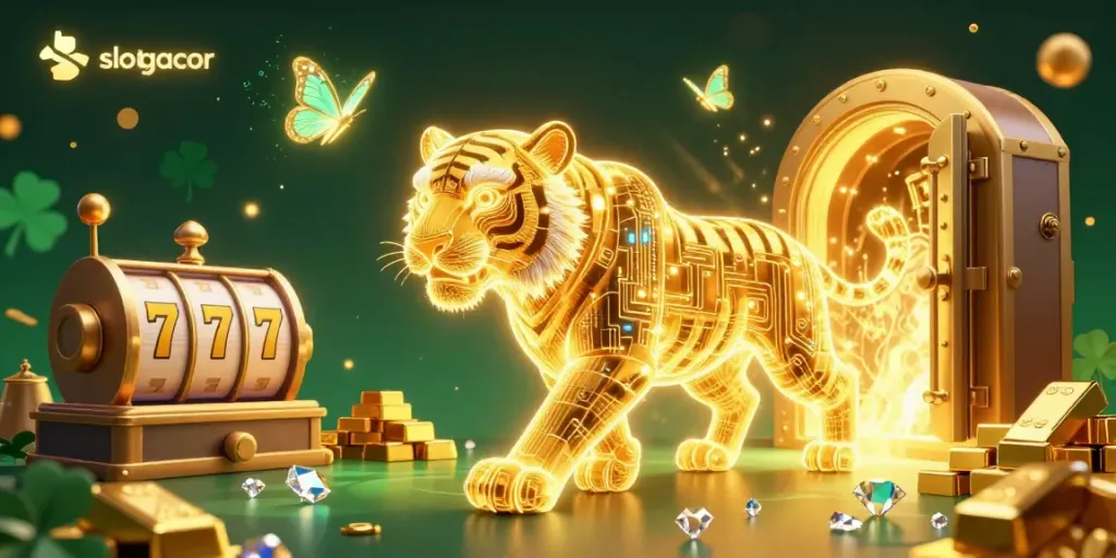 Experience slot gacor excitement with a neon golden tiger in a vibrant casino landscape.