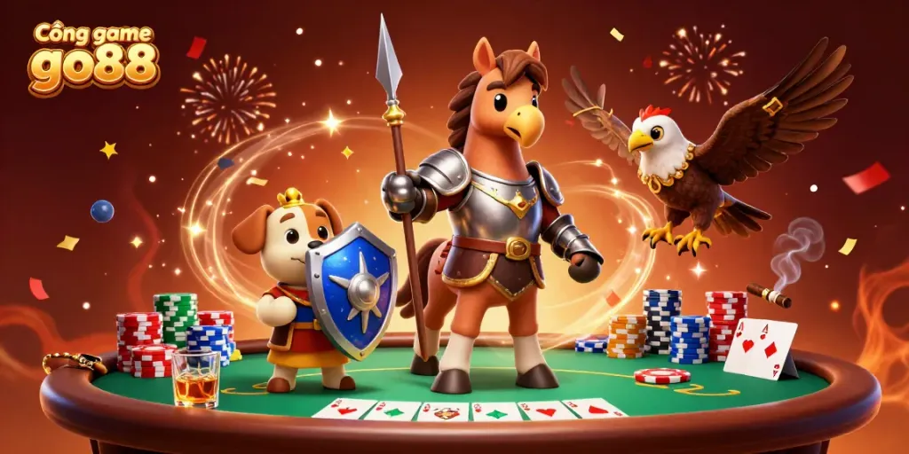 Engage with Cổng game go88 through a vibrant 3D scene of medieval characters and poker elements.