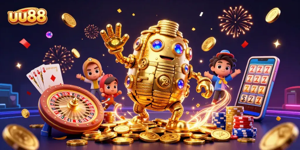 Play thrilling games at uu88, featuring a dazzling scene of a golden golem and casino elements.