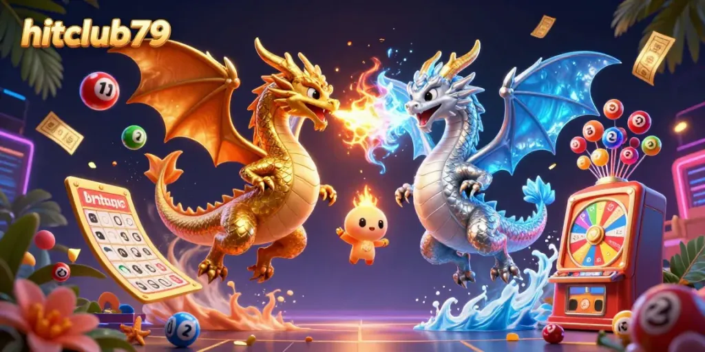 Experience the excitement of hitclub79 with vibrant lottery elements, featuring gold and silver dragons amid dynamic gaming visuals.