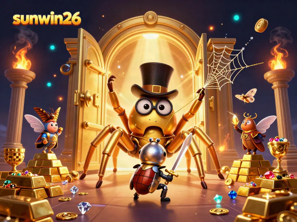 Engaging scene showcasing sunwin26's vibrant online casino experience with golden elements and characters