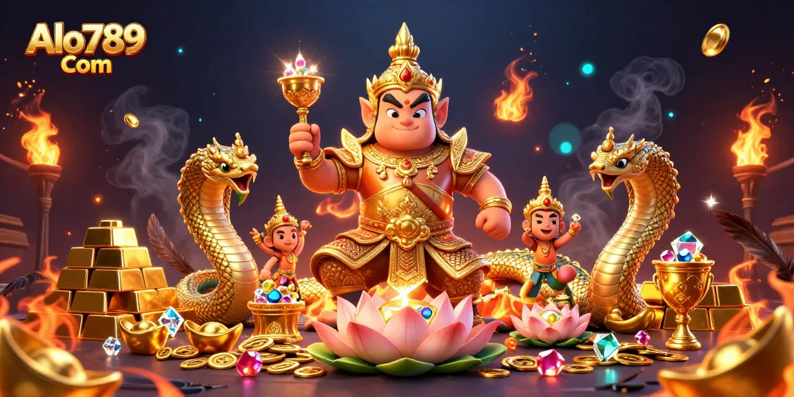 Experience exciting cockfighting action at Alo789 Com with golden treasures and dynamic illustration.