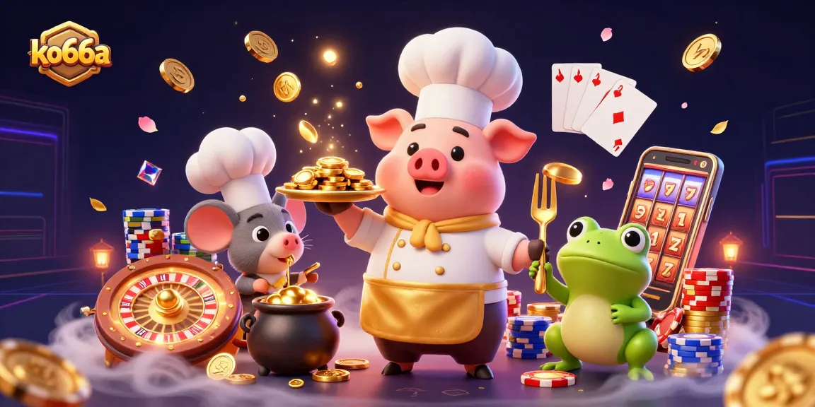 Spin and win at ko66a with a lively casino scene featuring vibrant characters and golden treasures.