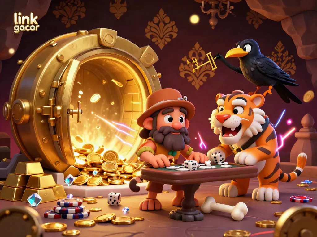 Experience the excitement of link gacor in a prehistoric casino with cartoon cavemen and treasure vaults.