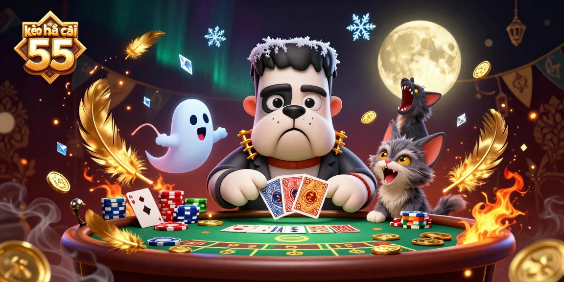 Engage with kèo nhà cái 55 as the cartoon bulldog dealer entertains at a lively casino table.
