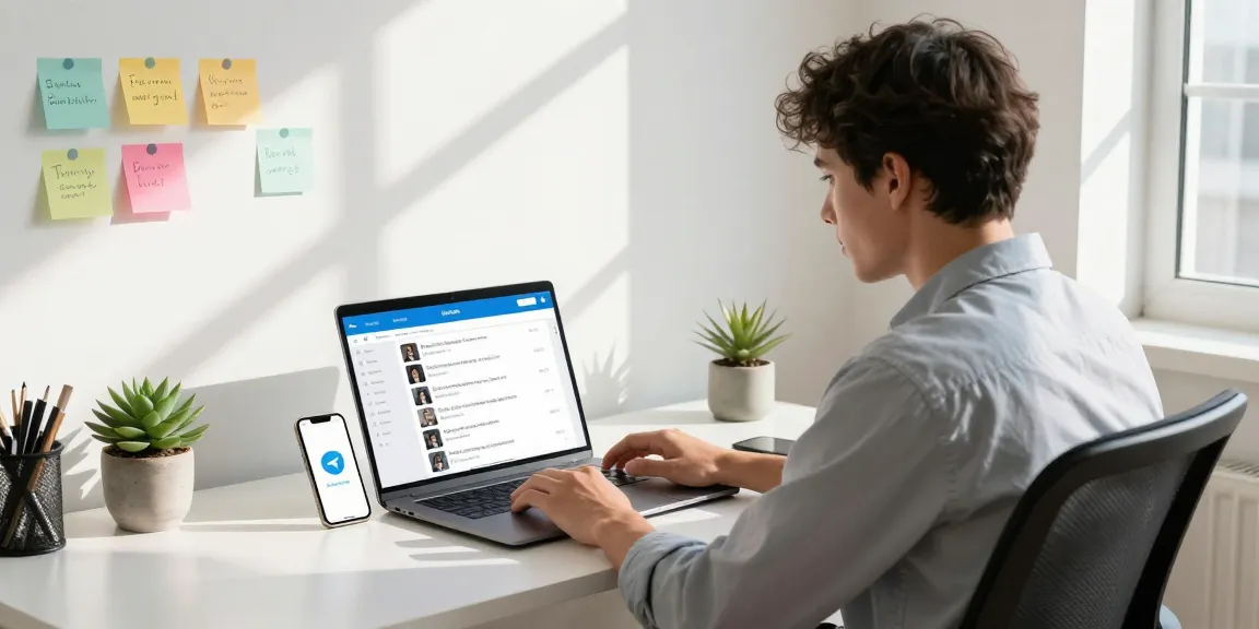 Engaging with the Telegram Web Version in a modern office workspace, showcasing productivity and technology.